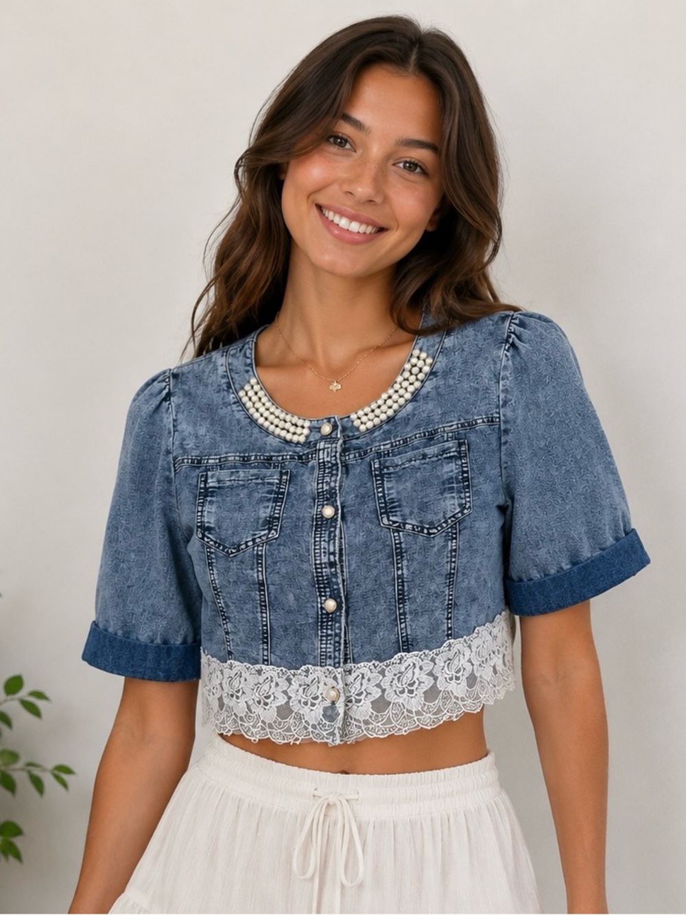 Pearl Collar Denim Crop Jacket Lace Trim Puff Sleeve Blue Size L